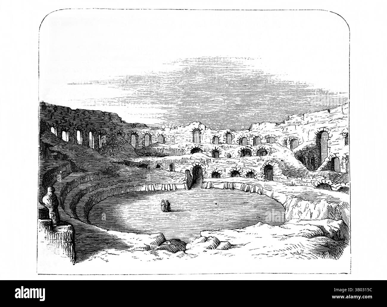 Historische Illustration des römischen Amphitheaters in Nimes France aus Antique die 1866 Ausgabe von Foxe's Book of Martyrs (The Book of Martyrs von John F. Stockfoto