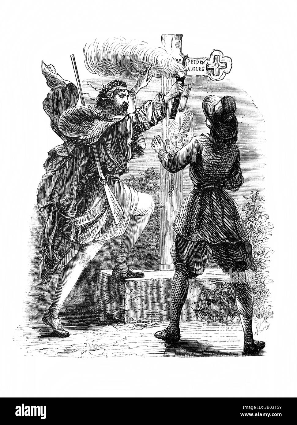 Illustration des Kreuzes des Blutes, wo jemand in Melouze einen toten Hund oder Wolf an einem Steinkreuz an einem Treffpunkt der Camisa aufgehängt hatte Stockfoto