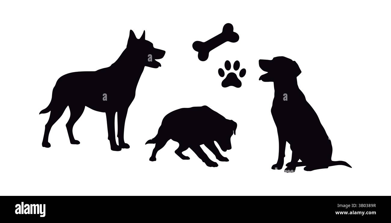 PET Silhouettes Hunde, Knochen und Paw. Stock Vektor