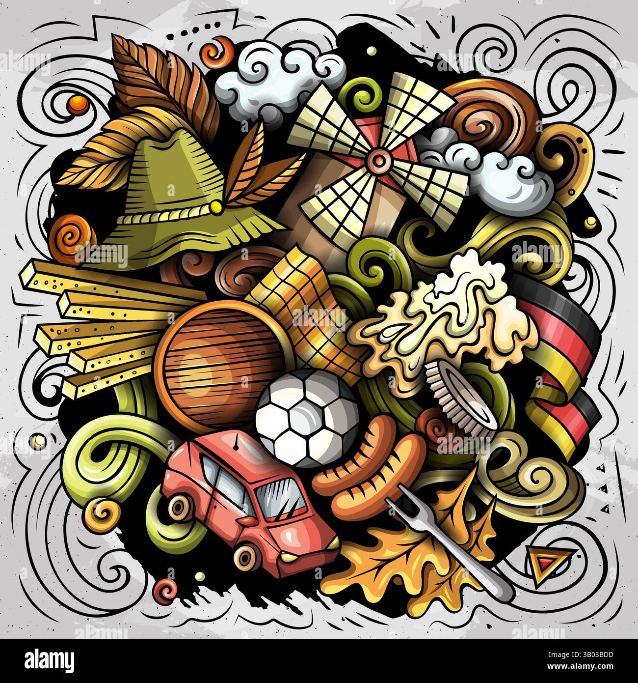 Deutschland handgezeichnete Karikatur Kritzeleien Illustration. Witziges Reisedesign. Kreative Kunst Vektor Hintergrund. Deutsche Symbole, Elemente und Objekte. Farbenfrohe c Stock Vektor