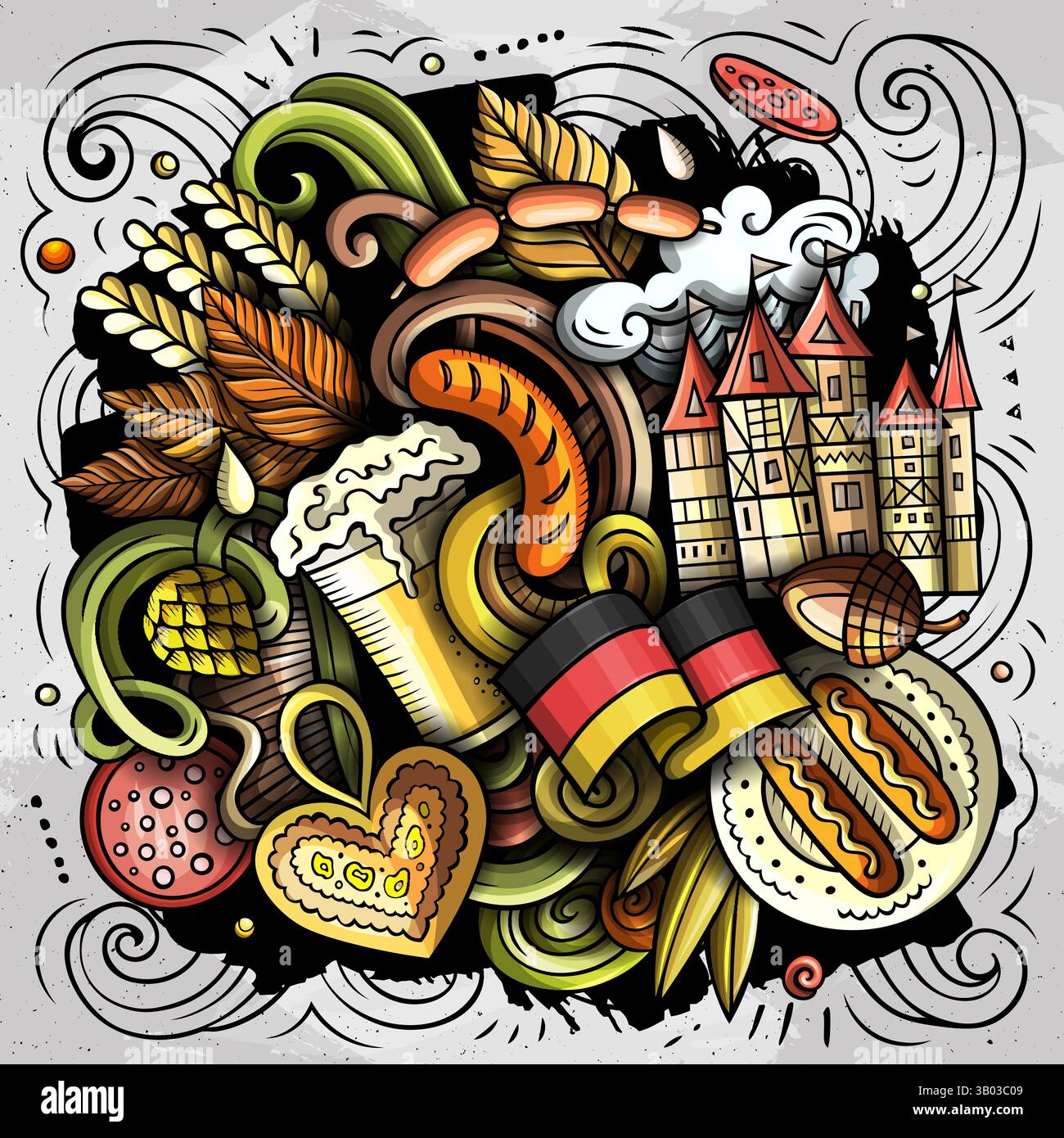 Deutschland handgezeichnete Karikatur Kritzeleien Illustration. Witziges Reisedesign. Kreative Kunst Vektor Hintergrund. Deutsche Symbole, Elemente und Objekte. Farbenfrohe c Stock Vektor