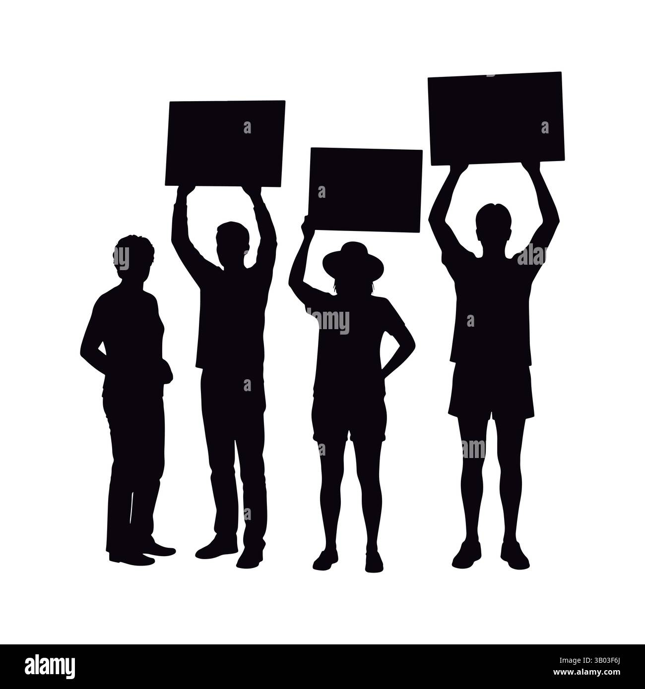 Eine Reihe von Silhouetten von Aktivisten, die Schilder hochhalten. Eine Reihe von Demonstranten Silhouetten mit leeren Schildern. Stock Vektor