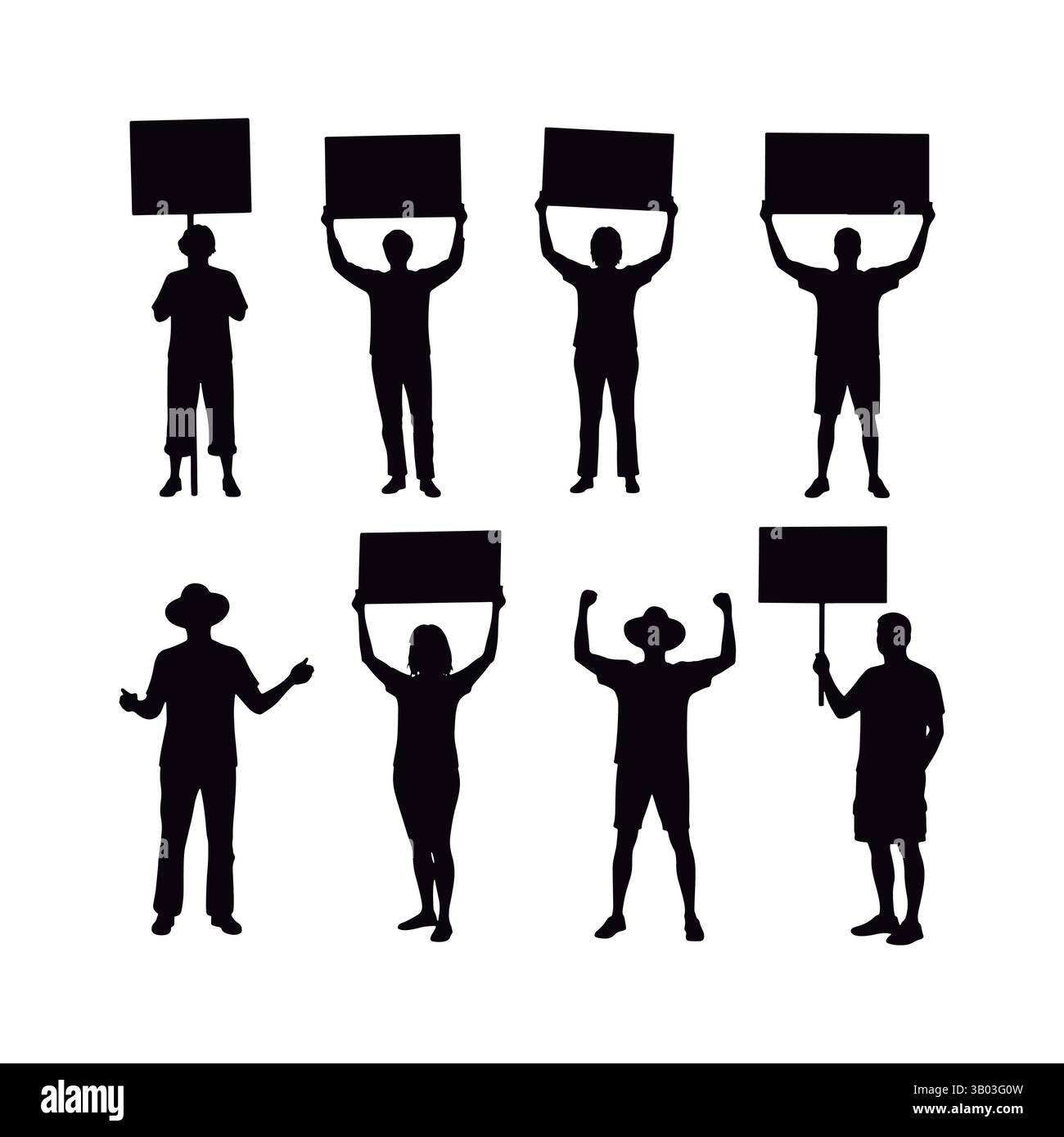 Eine Reihe von Silhouetten von Aktivisten, die Schilder hochhalten. Eine Reihe von Demonstranten Silhouetten mit leeren Schildern. Stock Vektor