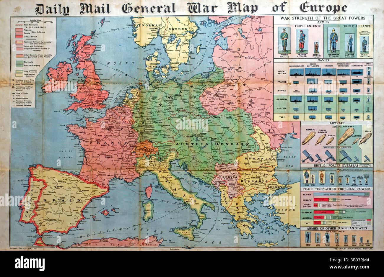 1914 Daily Mail General war Map of Europe, die die jeweiligen Mächte und die geographische Reichweite der Triple Alliance und Triple Entente veranschaulicht Stockfoto