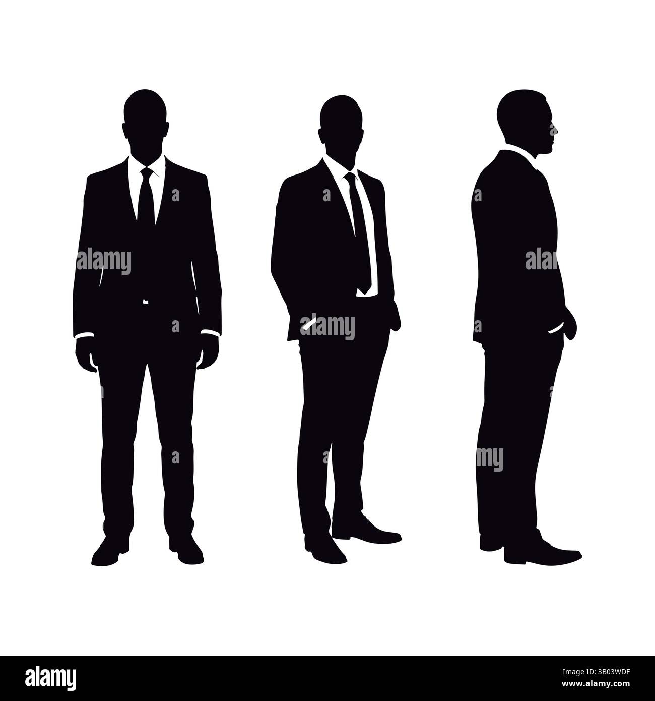 Professionelle Silhouetten für Herren in Anzügen und Krawatten Kollektion. Set aus drei Silhouetten für Geschäftsleute in formellen Anzügen. Stock Vektor