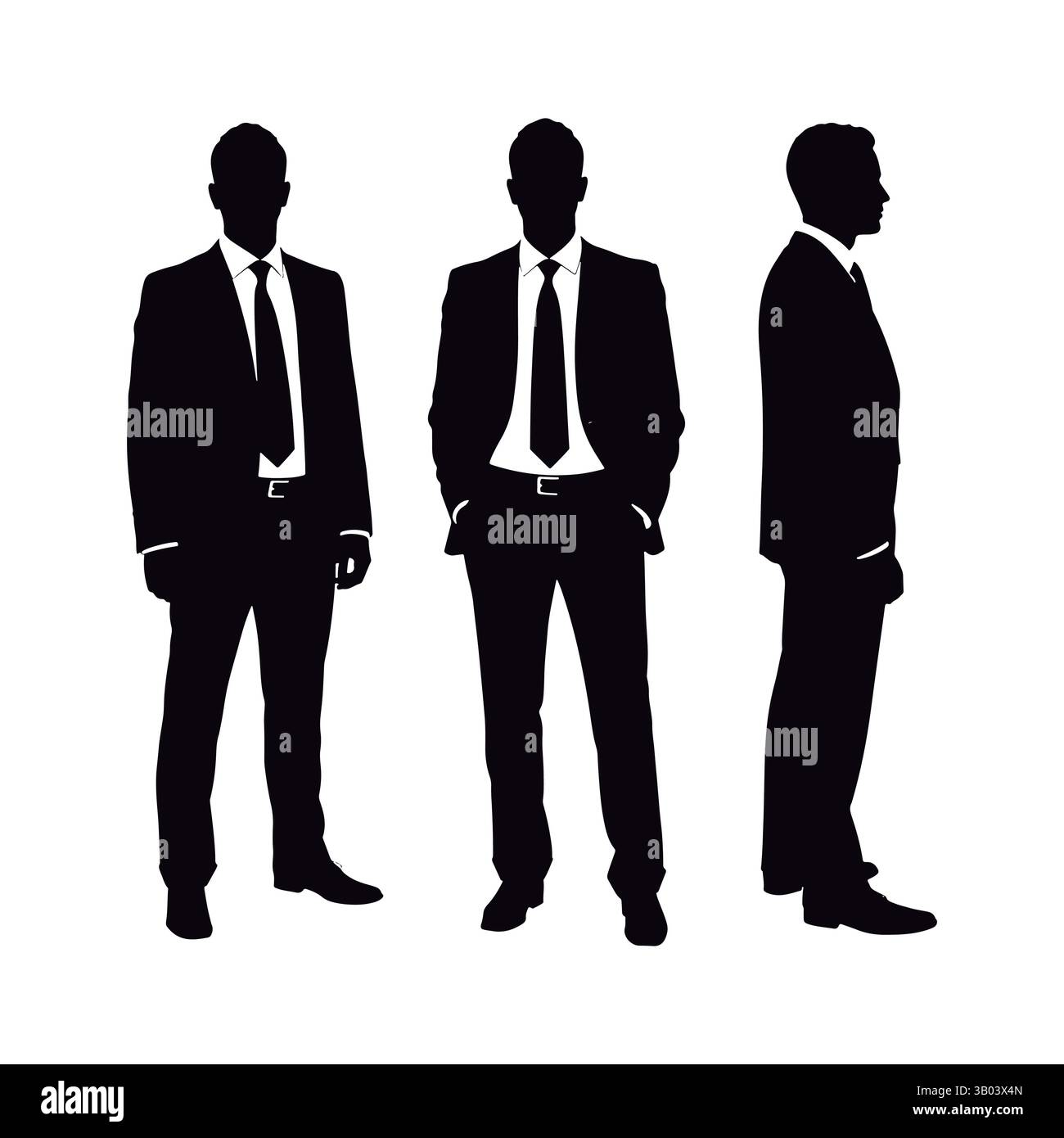 Professionelle Silhouetten für Herren in Anzügen und Krawatten Kollektion. Set aus drei Silhouetten für Geschäftsleute in formellen Anzügen. Stock Vektor