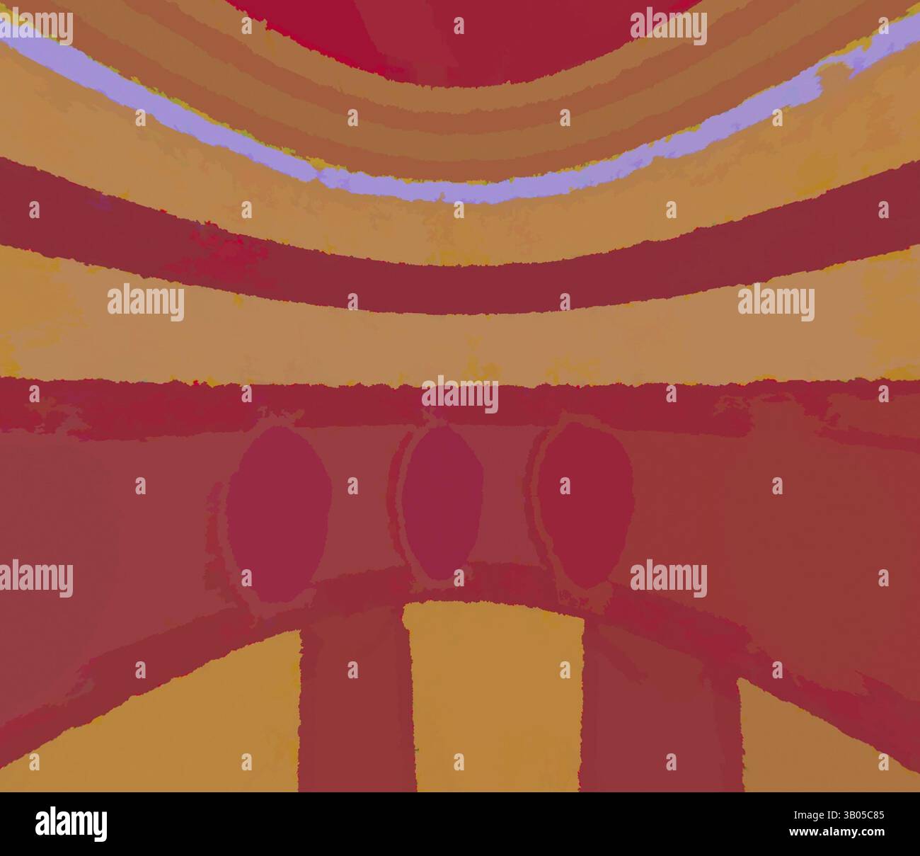 Lebendige, konzentrische Bögen erzeugen ein dynamisches Spiel aus warmen Farben, mit subtilen Schatten und kreisförmigen Formen, die ein Gefühl von Tiefe und Bewegung hervorrufen., Ein kreisförmiges Design mit einer lebendigen Mischung aus geometrischen Mustern in warmen Rot-, Orange- und Violetttönen. Das Kunstwerk zeigt abwechselnde Streifen und Formen, wodurch eine visuell dynamische Komposition entsteht. Klassische Kunst mit modernem Touch, neu interpretiert von Artotop, transformiertes ägyptisches Ornament, Klassische Kunst mit modernem Touch, neu interpretiert von Artotop Stockfoto