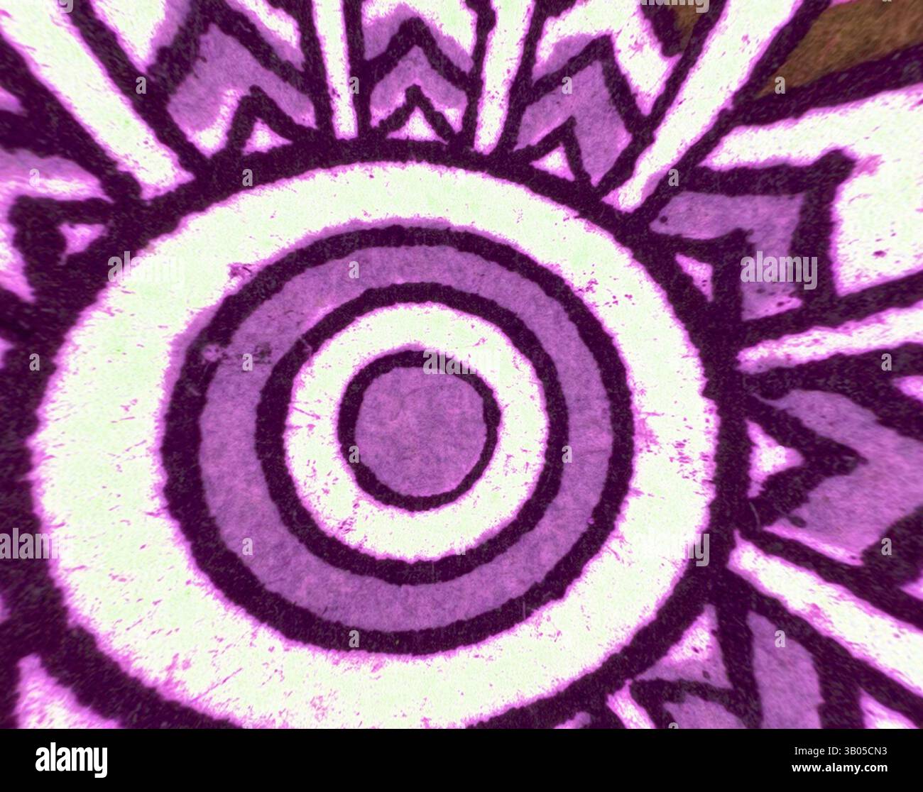 Ein lebendiges Kreismuster mit konzentrischen Ringen und scharfen geometrischen Mustern strahlt nach außen aus und erzeugt einen dynamischen visuellen Fokus. Die komplizierten Details wecken ein Gefühl von Bewegung und Tiefe und laden zur genaueren Beobachtung ein. Ein wunderschönes, kompliziertes Mandala-Design mit einem kreisförmigen Muster aus floralen und geometrischen Formen in leuchtenden Lila und Grün, das Balance und Harmonie ausstrahlt. Klassische Kunst mit einem modernen Twist von Artotop, transformierte assyrische und persische Ornamente, klassische Kunst mit einem modernen Twist von Artotop Stockfoto