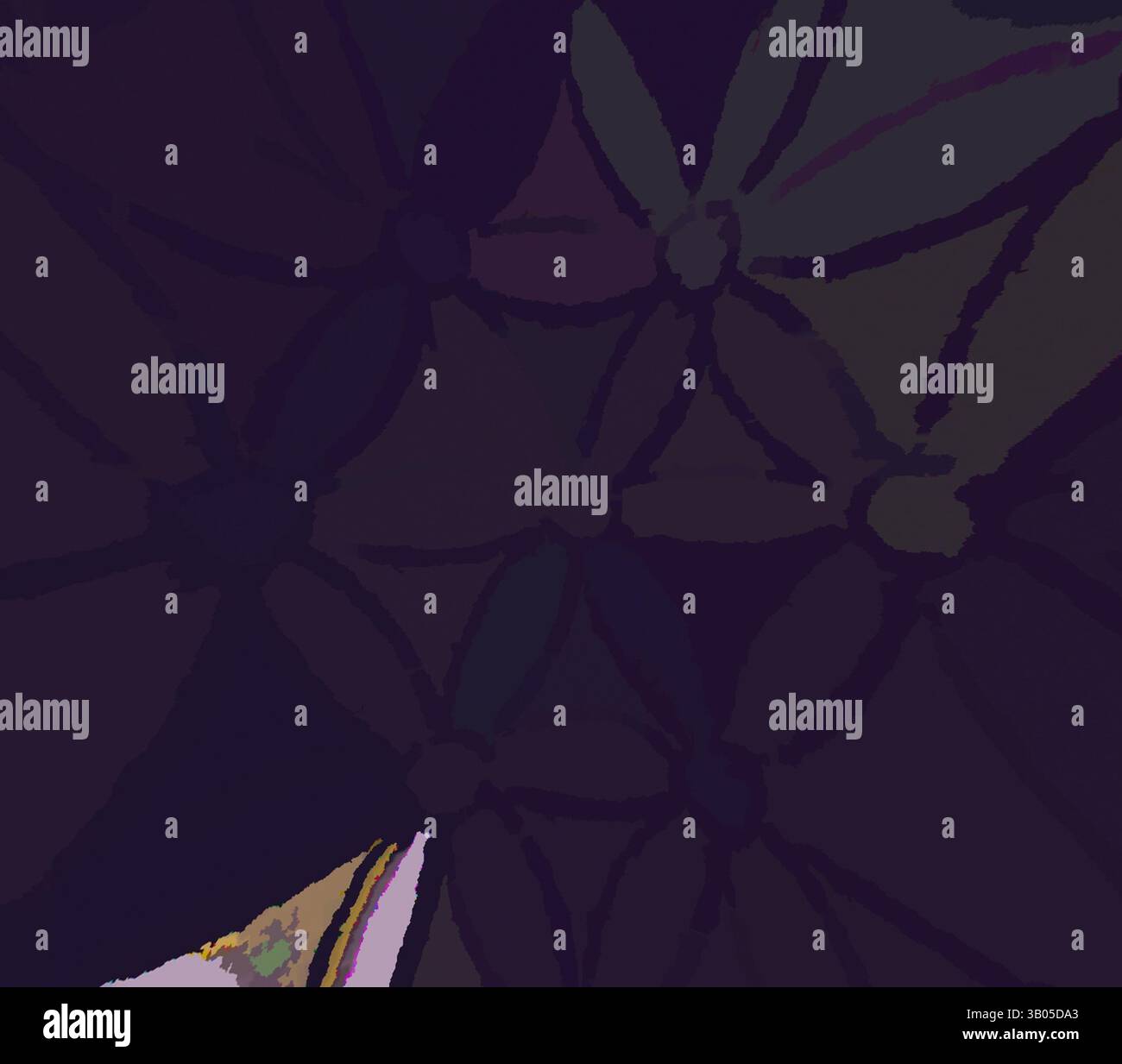 Die Nahansicht zeigt ein Muster von sich überlappenden Formen, das ein rhythmisches Design in dunklen Tönen mit Anklängen von Licht erzeugt. Das Zusammenspiel von Schatten und Formen verleiht der Komposition Tiefe und Textur. Ein kreisförmiges Muster mit verflochtenen Blumenmustern in unterschiedlichen Farbtönen sorgt für einen komplizierten und optisch ansprechenden Effekt. Klassische Kunst mit einem modernen Twist von Artotop, transformierte assyrische und persische Ornamente, klassische Kunst mit einem modernen Twist von Artotop Stockfoto