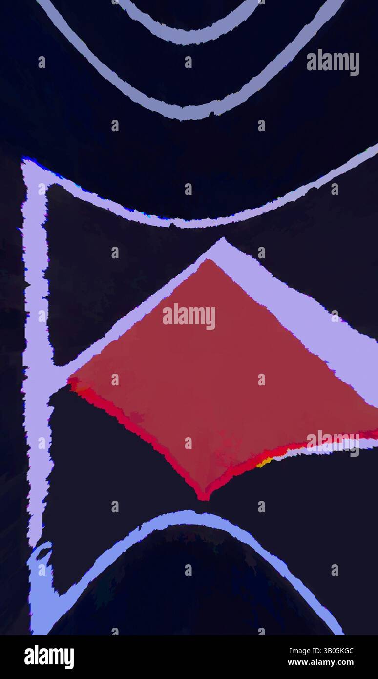 Eine abstrakte Komposition mit auffälligen geometrischen Formen, einschließlich eines markanten roten Diamanten vor einem dynamischen Hintergrund aus geschwungenen Linien und kontrastierenden Farben, die ein Gefühl von Bewegung und Tiefe schaffen., eine abstrakte Komposition mit geometrischen Formen, insbesondere einem zentralen roten Diamanten, der in konzentrischen Rechtecken eingeschlossen ist, vor dunklem Hintergrund. Das Design betont auffällige Linien und kontrastfarbene Farben und sorgt so für einen auffälligen visuellen Effekt. Klassische Kunst mit einem modernen Twist von Artotop, transformiertes Pompeji Ornament, klassische Kunst mit einem modernen Twist von Artotop Stockfoto