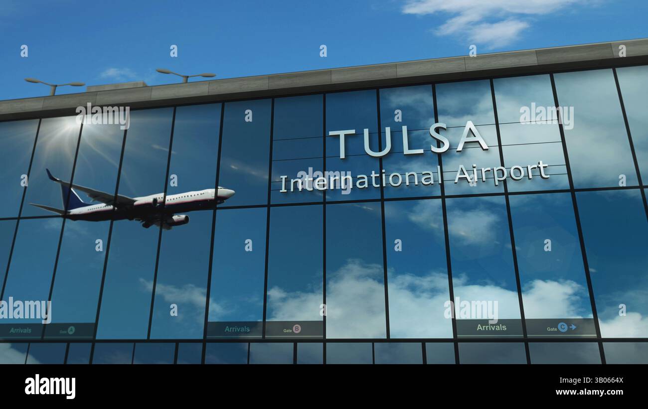 Flugzeuge landen in Tulsa, Oklahoma, USA, 3D-Rendering-Illustration. Ankunft in der Stadt mit dem Glasflughafen und Reflexion des Jetflugzeugs. Stockfoto
