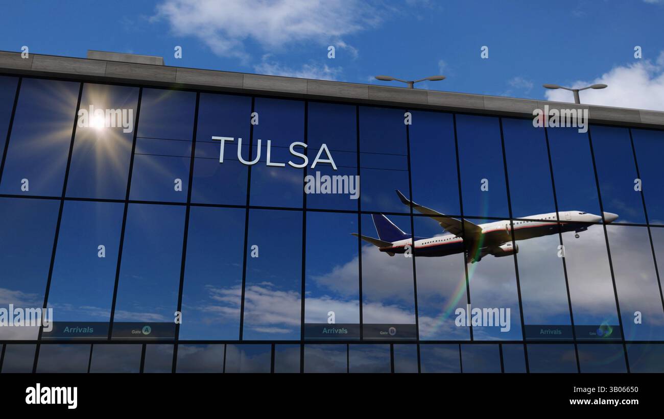 Flugzeuge landen in Tulsa, Oklahoma, USA, 3D-Rendering-Illustration. Ankunft in der Stadt mit dem Glasflughafen und Reflexion des Jetflugzeugs. Stockfoto