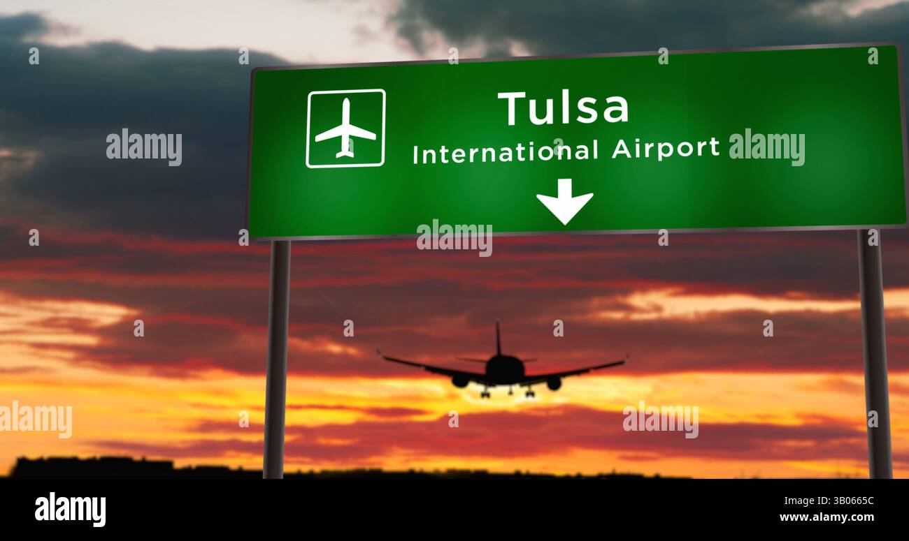 Flugzeugsilhouette landete in Tulsa, Oklahoma, USA. Ankunft in der Stadt mit Hinweisschild zum Flughafen und Sonnenuntergang im Hintergrund. Reise und Transport c Stockfoto