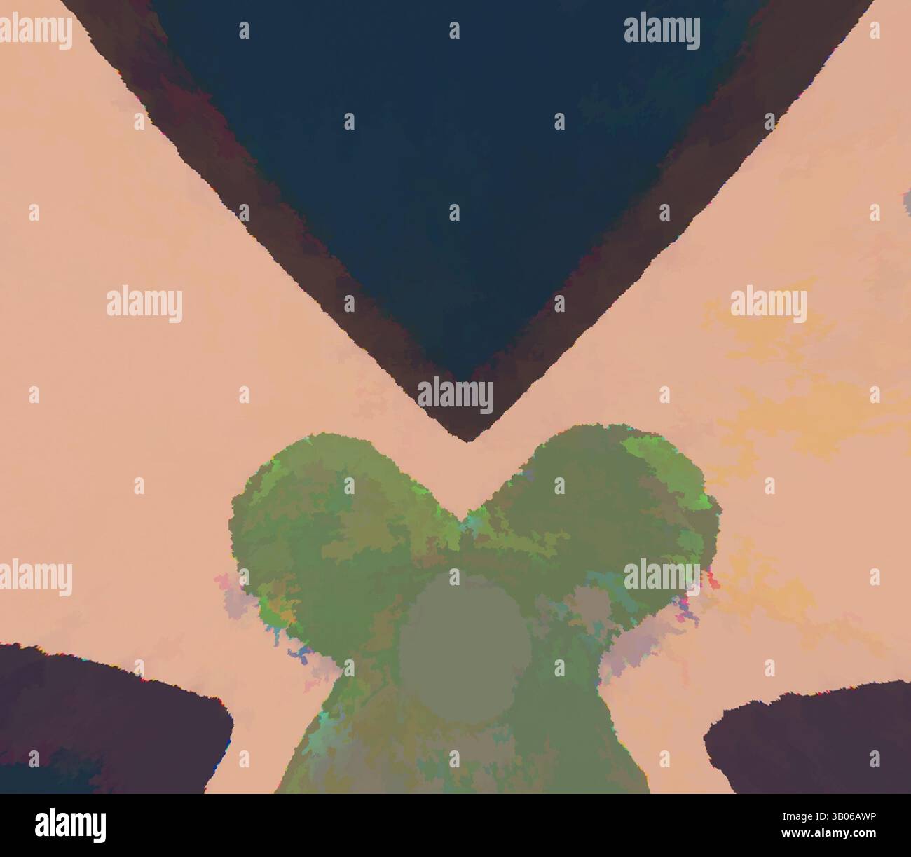 Eine abstrakte Komposition mit einer symmetrischen Anordnung von Formen mit weichen Kanten, die Erdtöne und gedämpfte Grüntöne verschmelzen und ein Gefühl von Balance und Harmonie wecken., Ein kreisförmiges Design mit abstraktem Muster mit miteinander verbundenen Formen, einschließlich Diamanten und Kreuzen in einer Mischung aus sanften Farben. Klassische Kunst mit modernem Touch, neu interpretiert von Artotop, transformiertes Renaissance Ornament, Klassische Kunst mit modernem Touch, neu interpretiert von Artotop Stockfoto