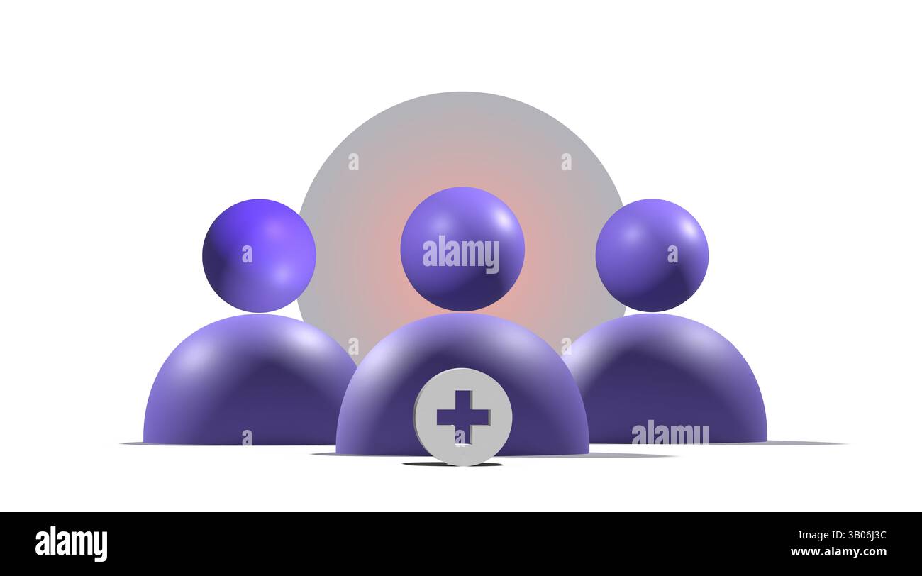 3D-Illustration einer Teamgruppe mit Symbol „Hinzufügen“, die Community, Zusammenarbeit, Benutzer, Netzwerk, und Organisation Stockfoto