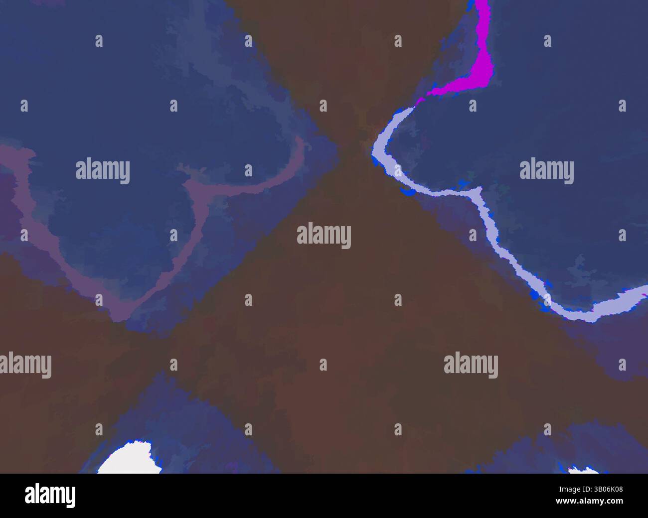 Farbenfrohe abstrakte Formen verflechten sich und schaffen eine dynamische Komposition mit kontrastierenden Bereichen in dunklen und lebendigen Tönen. Wirbelnde Formen deuten auf fließende Bewegung und Tiefe hin und laden zur Neugier und Interpretation ein. Die ovale Form verfügt über einen braunen Hintergrund mit einem Rautenmuster, wo tiefblaue und lila Blumenmotive einen auffälligen Kontrast bilden. Klassische Kunst mit modernem Touch, neu interpretiert von Artotop, transformiertes Mediæval Ornament, Klassische Kunst mit modernem Touch, neu interpretiert von Artotop Stockfoto