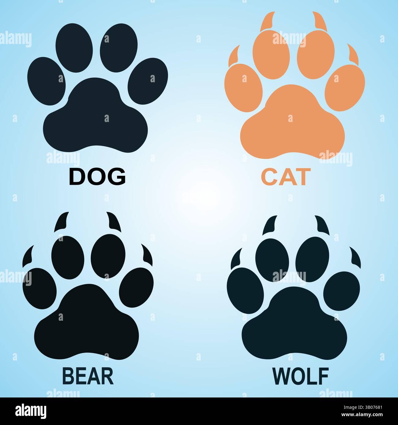 Silhouette des Paw Print Symbols für Hund, Katze, Wolf und Bär mit verlaufendem Hintergrund. Vektorabbildung Stock Vektor