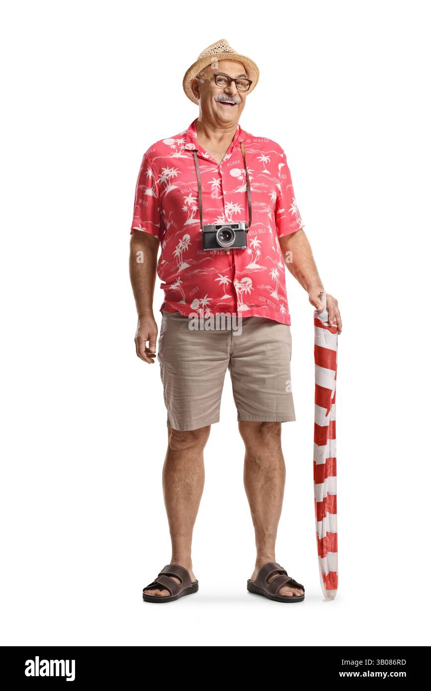 Tourist hält einen Sonnenschirm isoliert auf weißem Hintergrund Stockfoto