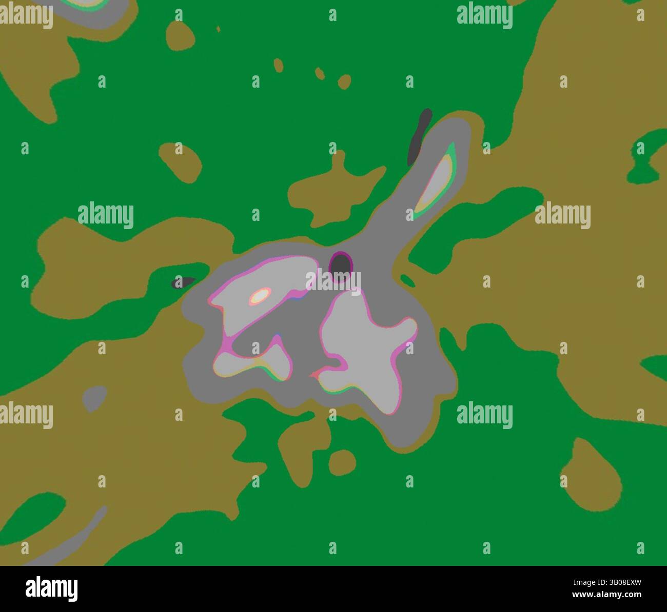 Eine surreale Mischung aus abstrakten Formen und Farben, die sich verflechten und eine dynamische Komposition schaffen, die Bewegung und Fluidität hervorruft. Eine stilisierte Darstellung eines Planeten, der eine Mischung aus grünen Landmassen, Grauzonen und weichen Erdtönen zeigt, was eine vielfältige und abwechslungsreiche Landschaft suggeriert. Klassische Kunst mit einem modernen Twist von Artotop, transformierte französische Stoffe, erste Hälfte des 19. Jahrhunderts, klassische Kunst mit einem modernen Twist von Artotop Stockfoto