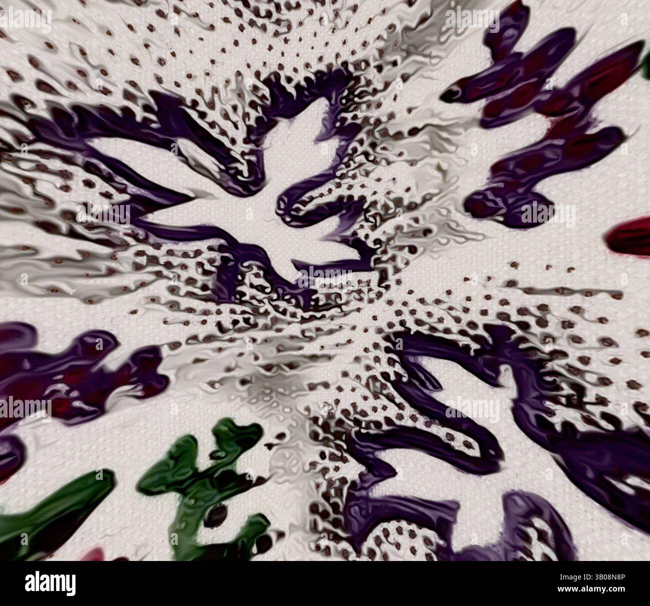 Abstrakte Formen und Muster vermischen sich in einer dynamischen Darstellung lebendiger Farben und schaffen ein Gefühl von Bewegung und Energie. Das Zusammenspiel verschiedener Formen verleiht Tiefe und Intrige und lädt zu näherer Betrachtung ein. Ein kreisförmiges Design mit komplexen Blumenmustern in Violett-, Rot- und Grüntönen vor einem helleren Hintergrund, das eine Mischung aus Eleganz und natürlicher Schönheit darstellt. Klassische Kunst mit einem modernen Twist von Artotop, transformierte französische Stoffe, erste Hälfte des 19. Jahrhunderts, klassische Kunst mit einem modernen Twist von Artotop Stockfoto