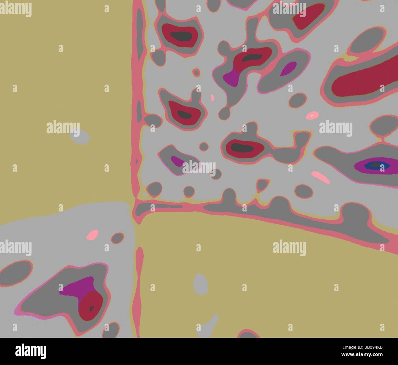 Eine abstrakte Komposition mit einer Mischung aus organischen Formen und lebendigen Farben, die ein Gefühl dynamischer Bewegung und Textur schafft. Das Design zeigt eine Nebeneinanderstellung von fließenden Mustern und auffälligen Umrissen und lädt zur Erkundung seiner komplizierten Details ein. Ein kreisförmiges Diagramm mit vier verschiedenen Abschnitten, jeder mit verschiedenen Mustern und Formen, zeigt eine abstrakte Anordnung von Farben und Texturen, die an mikroskopische oder zelluläre Strukturen erinnern. Klassische Kunst mit modernem Touch, neu interpretiert von Artotop, transformierte französische Stoffe, erste Hälfte des 19. Jahrhunderts, Klassische Kunst mit modernem Stockfoto