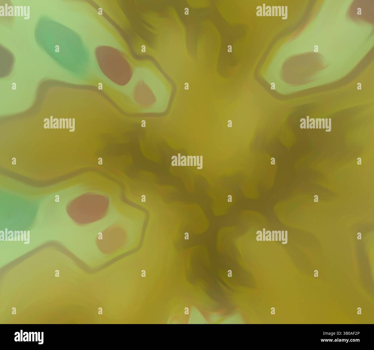 Eine wirbelnde abstrakte Komposition mit Gelb- und Grüntönen, mit organischen Formen und weichen Kanten, die ein Gefühl von Bewegung und Tiefe erzeugen. Ein kreisförmiges Muster mit organischen Formen und floralen Motiven in Erdtönen, die ein skurriles, aber kompliziertes Design schaffen. Klassische Kunst mit einem modernen Twist von Artotop, transformierte französische Stoffe, erste Hälfte des 19. Jahrhunderts, klassische Kunst mit einem modernen Twist von Artotop Stockfoto