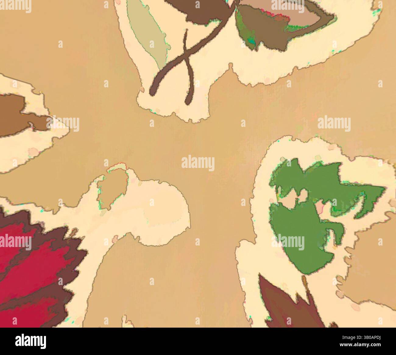 Eine abstrakte Darstellung verschiedener Blätter in Grün-, Rot- und Brauntönen vor einem weichen, neutralen Hintergrund, die ein Gefühl von organischer Textur und Fluss erzeugt. Ein kreisförmiges Muster mit leuchtenden roten und grünen Blumenmustern auf einem weichen beigen Hintergrund sorgt für eine stilvolle und fröhliche Ästhetik. Klassische Kunst mit einem modernen Twist von Artotop, transformierte französische Stoffe, erste Hälfte des 19. Jahrhunderts, klassische Kunst mit einem modernen Twist von Artotop Stockfoto
