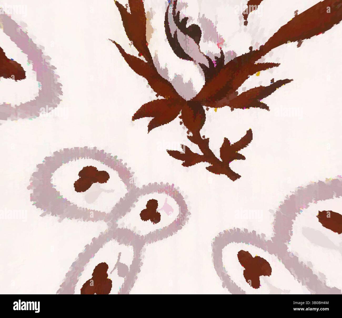 Ein florales Design mit zarten Mustern in warmen Tönen, die eine abstrakte und skurrile Ästhetik mit wirbelnden Formen und weichen Kanten schaffen. Ein kreisförmiges Design mit komplexen floralen Mustern mit ineinander verflochtenen Formen in sanften Braun- und gedämpften Rosa-Tönen vor hellem Hintergrund. Klassische Kunst mit einem modernen Twist von Artotop, transformierte französische Stoffe, erste Hälfte des 19. Jahrhunderts, klassische Kunst mit einem modernen Twist von Artotop Stockfoto