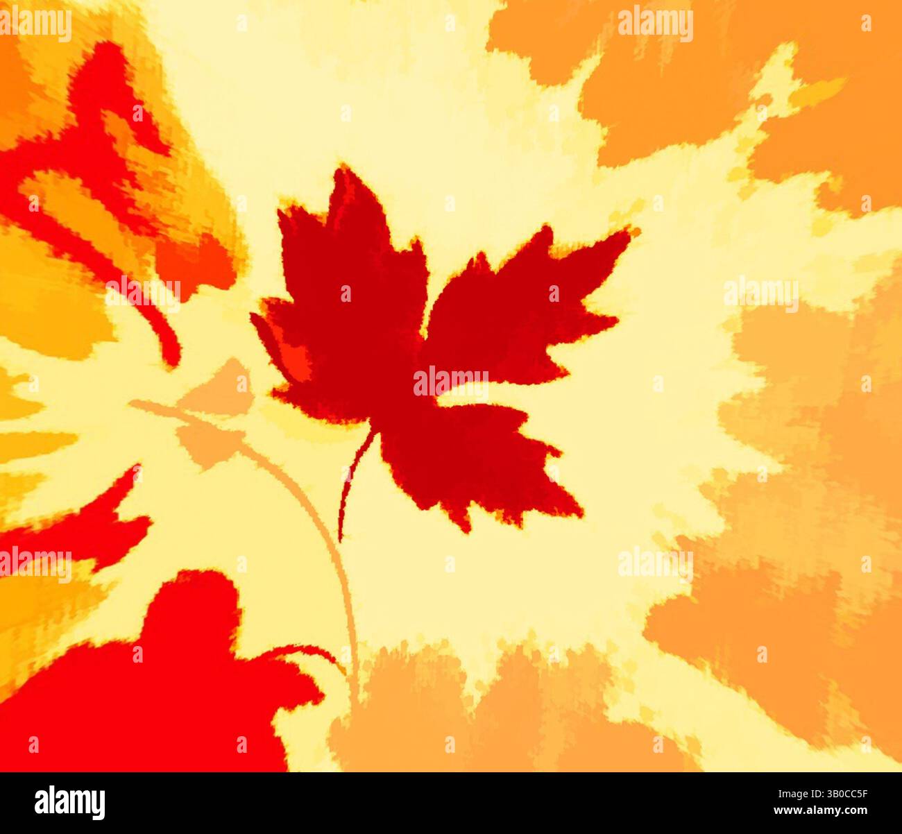 Ein lebendiger Farbtupfer mit einem auffälligen roten Ahornblatt, umgeben von warmen Gelb- und Orangetönen, die an das Wesen des Herbstes erinnern. Ein lebendiger Kreis mit einer Reihe von bunten Herbstblättern in Orange-, Rot- und Gelbtönen, vor einem warmen, hellen Hintergrund. Klassische Kunst mit einem modernen Twist von Artotop, transformierte französische Stoffe, erste Hälfte des 19. Jahrhunderts, klassische Kunst mit einem modernen Twist von Artotop Stockfoto