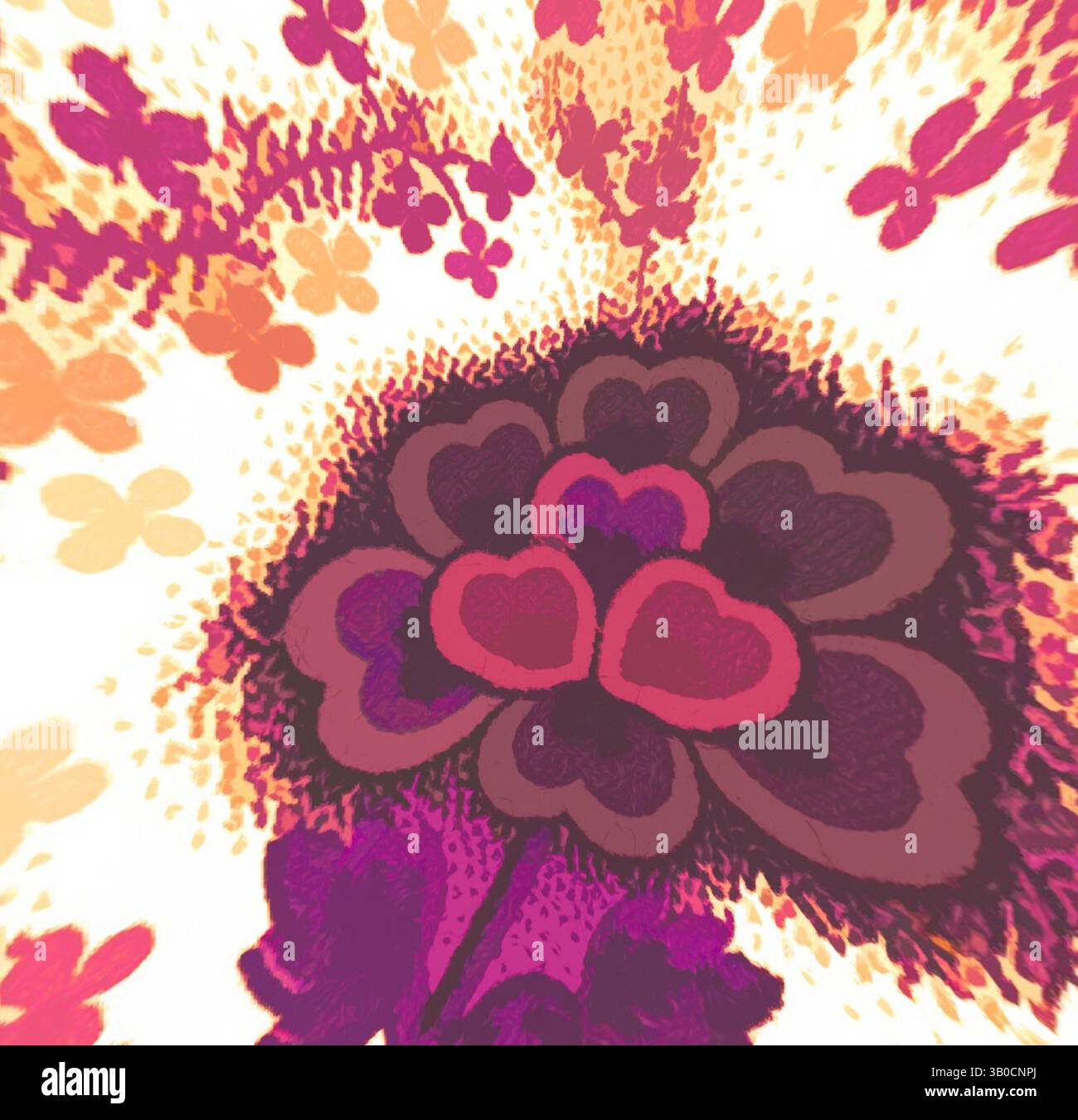 Ein lebhaftes Blumendesign mit einer Herzblume in der Mitte, umgeben von kleineren Blüten und Schmetterlingen in Rosa-, Orange- und Lila-Tönen. Die Komposition strahlt Wärme und Wimmeligkeit aus und schafft eine fröhliche Atmosphäre. Ein kreisförmiges Design mit komplizierten Blumenmustern in leuchtenden Rosa- und Lila-Tönen, umgeben von zarten Weinstöcken und Blüten auf hellem Hintergrund. Klassische Kunst mit einem modernen Twist von Artotop, transformierte französische Stoffe, erste Hälfte des 19. Jahrhunderts, klassische Kunst mit einem modernen Twist von Artotop Stockfoto