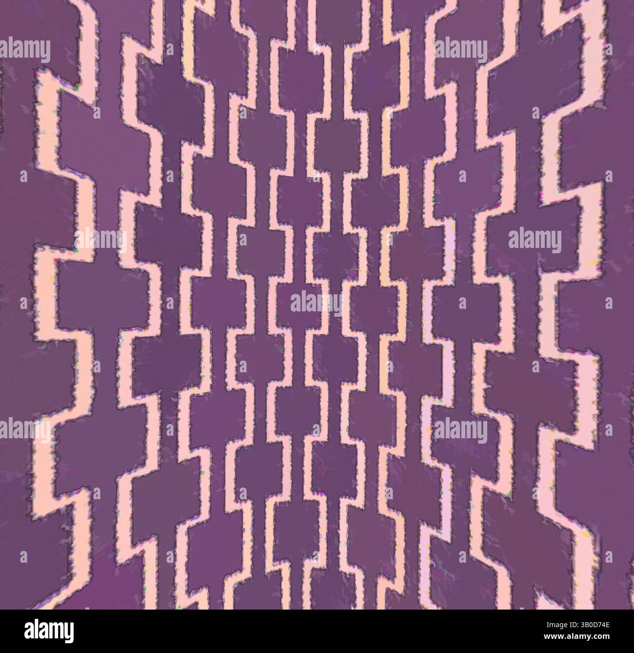 Ein symmetrisches Muster mit einer Reihe miteinander verbundener Kreuze, das ein rhythmisches Design mit kräftigen Formen und weichen Kanten in verschiedenen Violett- und Cremetönen schafft. Ein kreisförmiges Design mit einem sich wiederholenden Muster miteinander verbundener Formen in Violett- und Cremetönen, das einen optisch beeindruckenden geometrischen Effekt erzeugt. Klassische Kunst mit einem modernen Twist von Artotop, transformierte französische Stoffe, erste Hälfte des 19. Jahrhunderts, klassische Kunst mit einem modernen Twist von Artotop Stockfoto