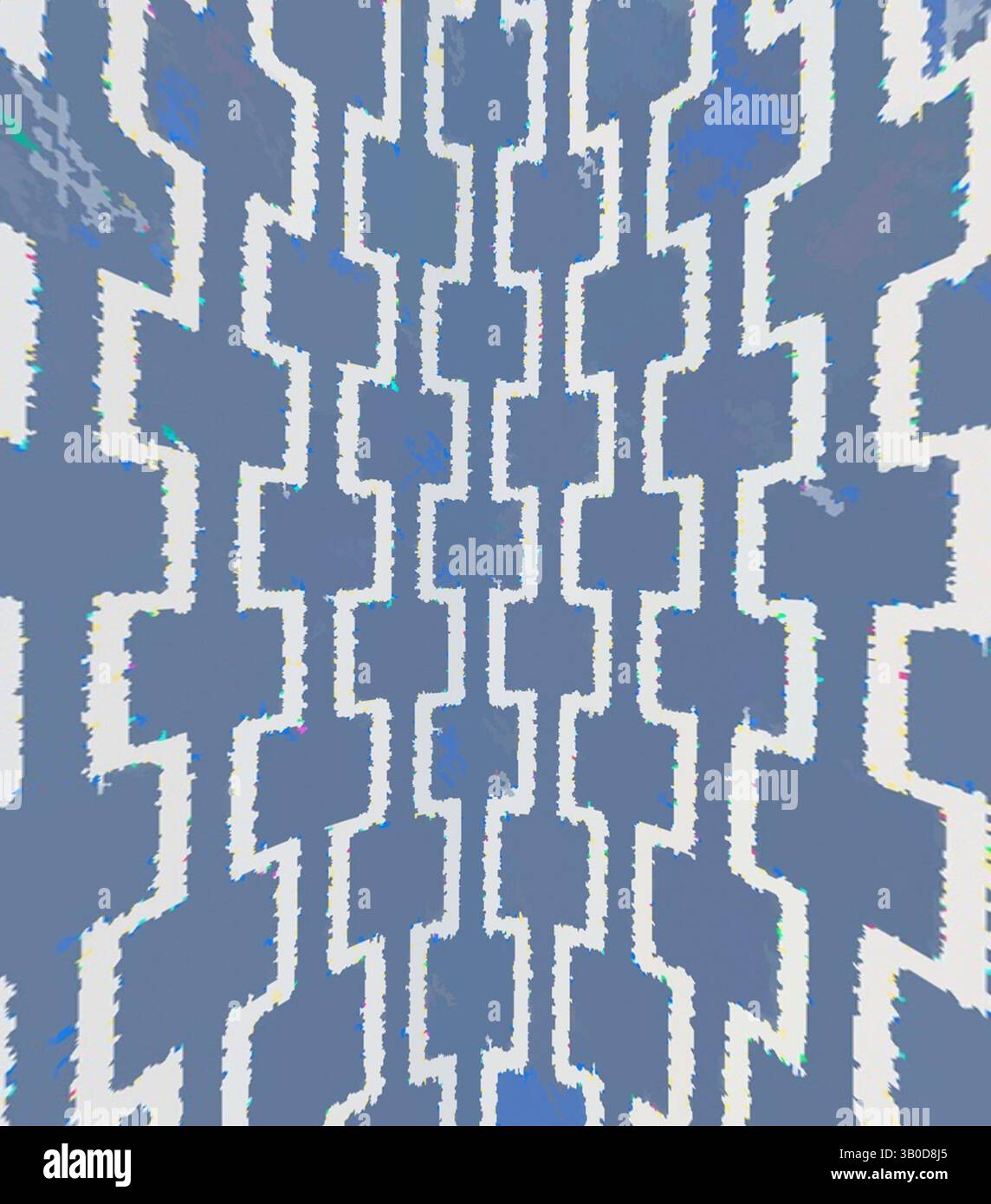 Ein sich wiederholendes Muster aus miteinander verbundenen Pluszeichen in verschiedenen Blau- und Weißtönen schafft ein optisch eindrucksvolles Design. Die Anordnung vermittelt ein Gefühl von Tiefe und Bewegung und zieht den Blick über die Oberfläche. Ein kreisförmiges Muster mit einem komplexen Raster aus blauen Formen, das ein dynamisches und strukturiertes Design schafft. Die überlappenden Elemente verleihen Tiefe, während feine Farbvariationen das visuelle Interesse erhöhen. Klassische Kunst mit einem modernen Twist von Artotop, transformierte französische Stoffe, erste Hälfte des 19. Jahrhunderts, klassische Kunst mit einem modernen Twist von Artotop Stockfoto