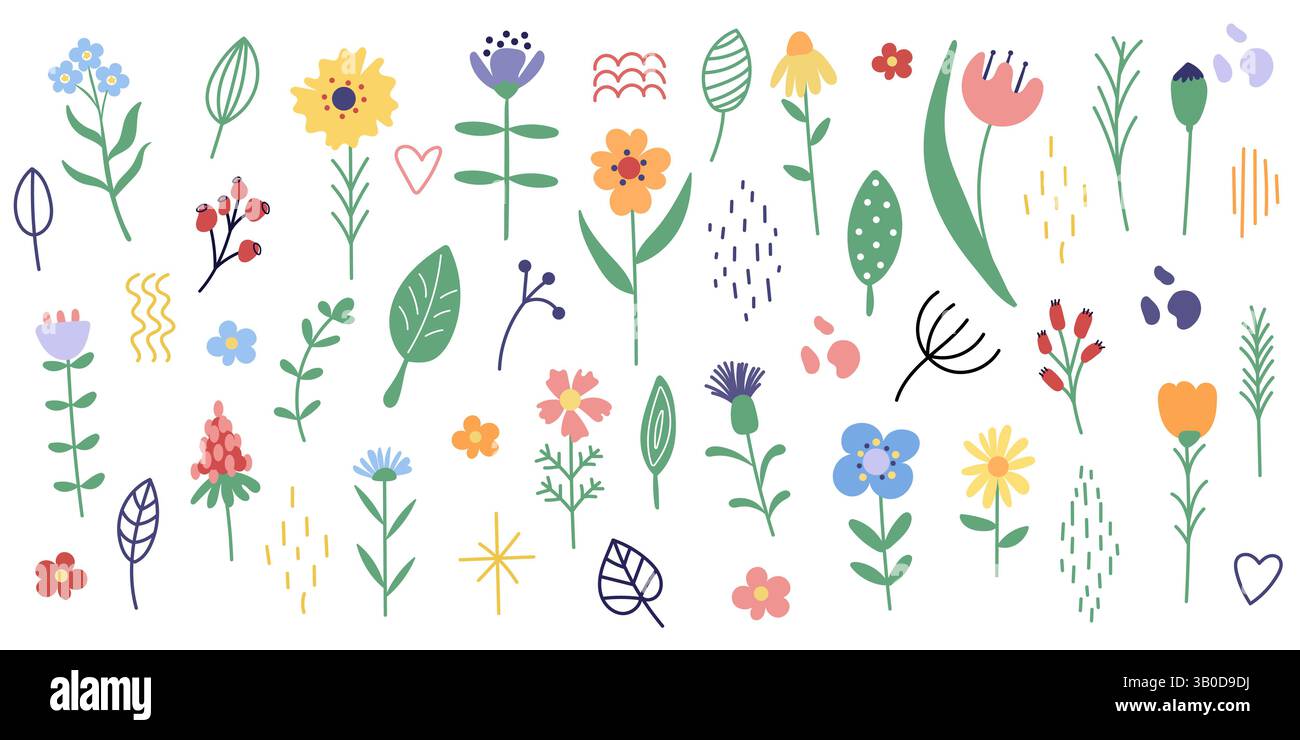 Großes Set mit einfachen Blumen und Blättern. Handgezeichnete Blumenelemente. Minimalistische Blumen. Stock Vektor