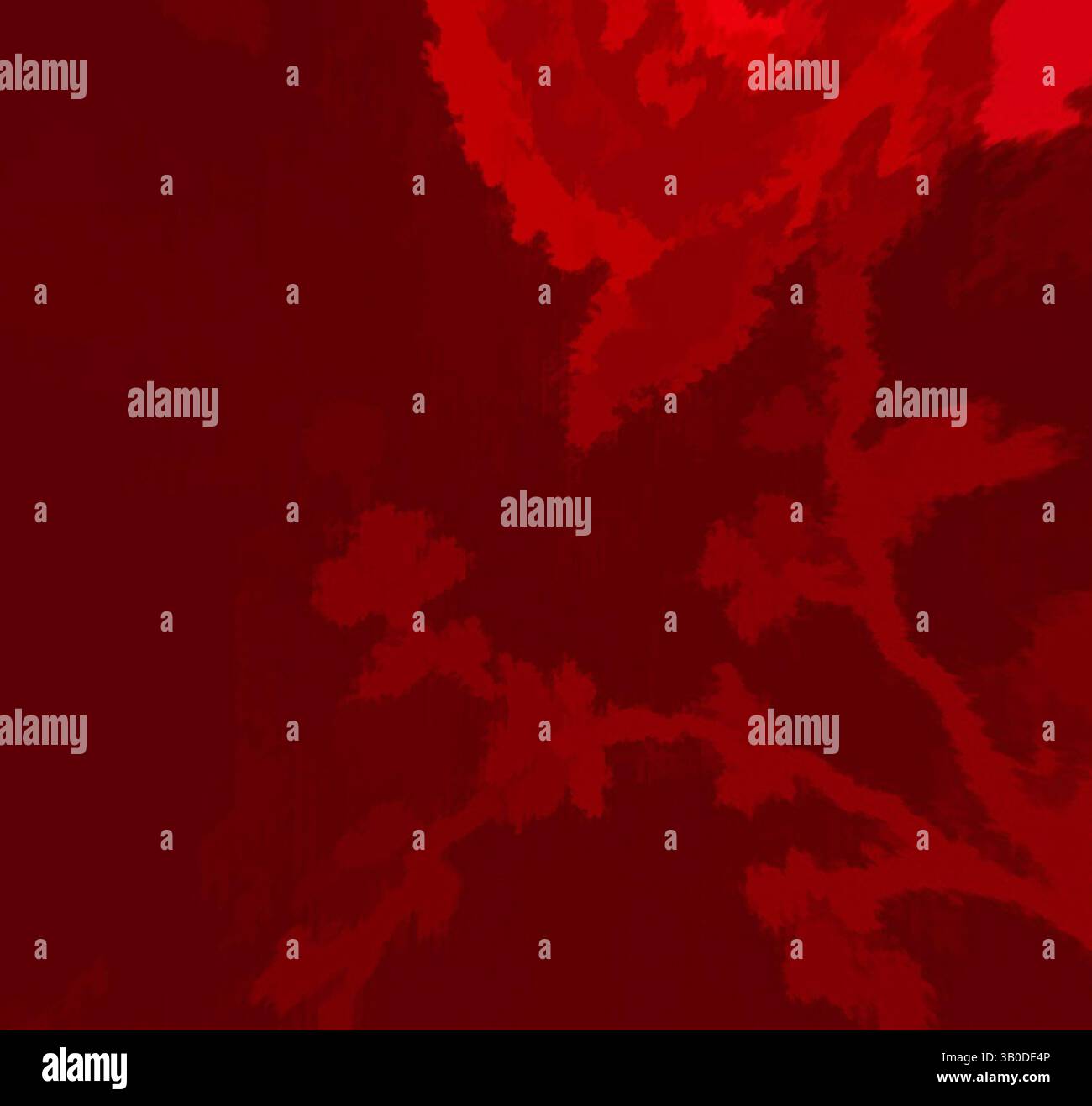 Ein leuchtend roter Hintergrund zeigt ein stilisiertes Blumendesign mit kräftigen Formen und weichen Kanten, die sich ineinander vermischen. So entsteht ein abstrakter Eindruck einer Rose, die mit zarten Blättern verwoben ist. Ein lebendiges Kreismuster mit kräftigen roten Blumenmustern, die mit zartem grünem Laub verwoben sind, wodurch ein auffälliger und lebendiger visueller Effekt entsteht. Klassische Kunst mit einem modernen Twist von Artotop, transformierte französische Stoffe, erste Hälfte des 19. Jahrhunderts, klassische Kunst mit einem modernen Twist von Artotop Stockfoto