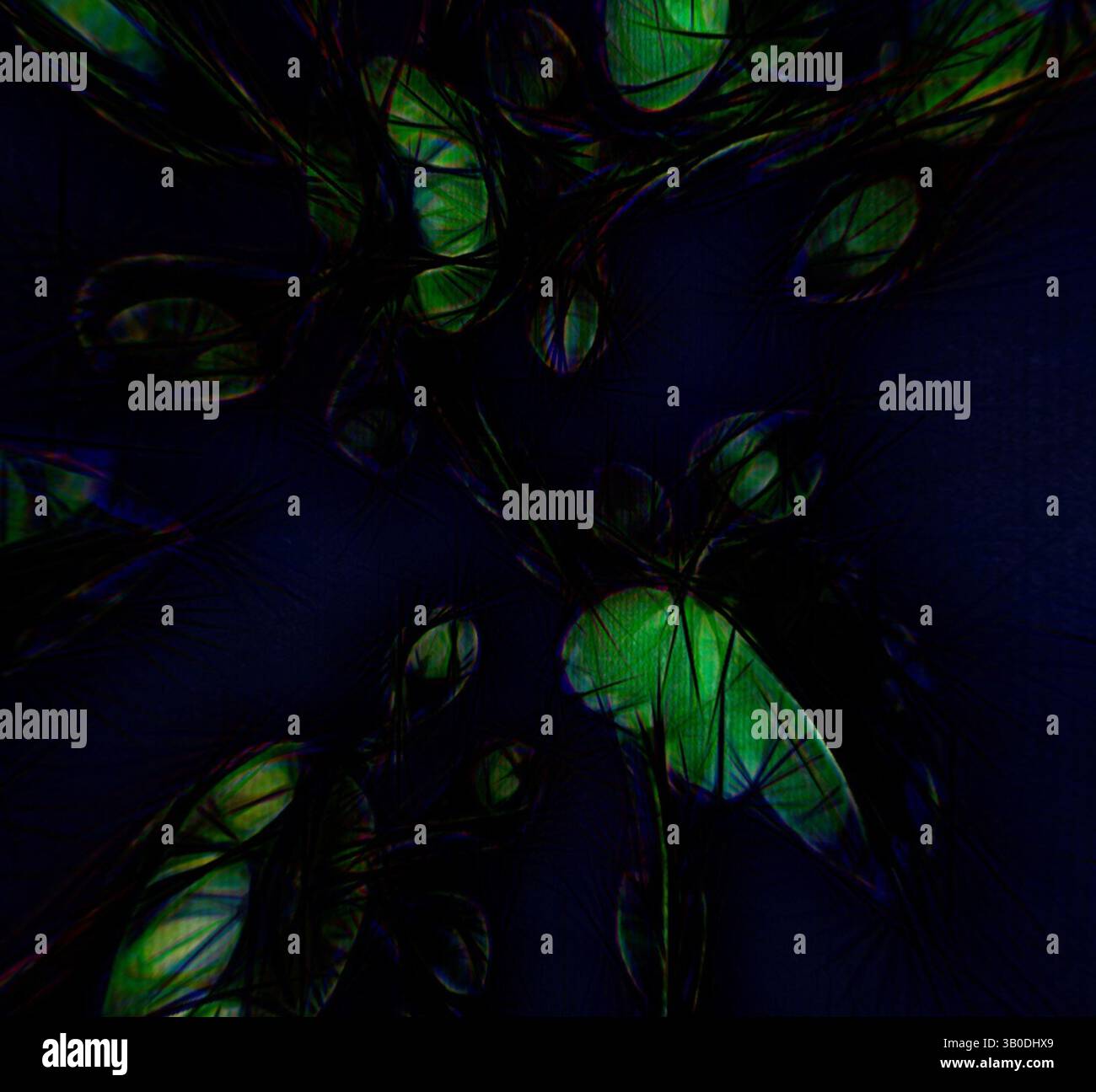 Eine abstrakte Komposition mit leuchtend grünen Blättern, die mit dunklen Schatten verwoben sind, schafft ein mysteriöses und dynamisches Zusammenspiel von Licht und Form. Ein kreisförmiges Design mit kompliziertem dunklem Laub, das mit leuchtend grünen Blättern verwoben ist, schafft einen optisch eindrucksvollen Kontrast vor einer tiefen Kulisse. Klassische Kunst mit einem modernen Twist von Artotop, transformierte französische Stoffe, erste Hälfte des 19. Jahrhunderts, klassische Kunst mit einem modernen Twist von Artotop Stockfoto