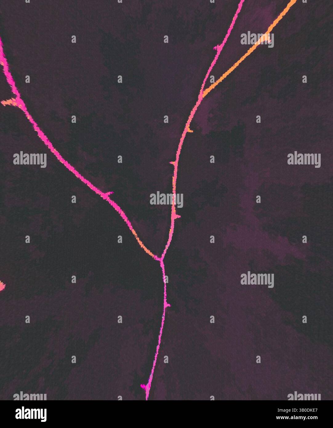 Ein Netzwerk leuchtender Linien verflechtet sich über einen dunklen Hintergrund und erzeugt ein dynamisches Gefühl von Bewegung und Tiefe. Leuchtende Rosa- und Orangetöne kontrastieren mit den umgebenden Schatten. Ein kreisförmiges Design mit zarten Blumenelementen in leuchtenden Rosa- und Orangetönen vor einem tiefen, dunklen Hintergrund. Die ineinander verflochtenen Zweige verleihen der Gesamtkomposition einen Hauch von Eleganz und Tiefe. Klassische Kunst mit einem modernen Twist von Artotop, transformierte französische Stoffe, erste Hälfte des 19. Jahrhunderts, klassische Kunst mit einem modernen Twist von Artotop Stockfoto