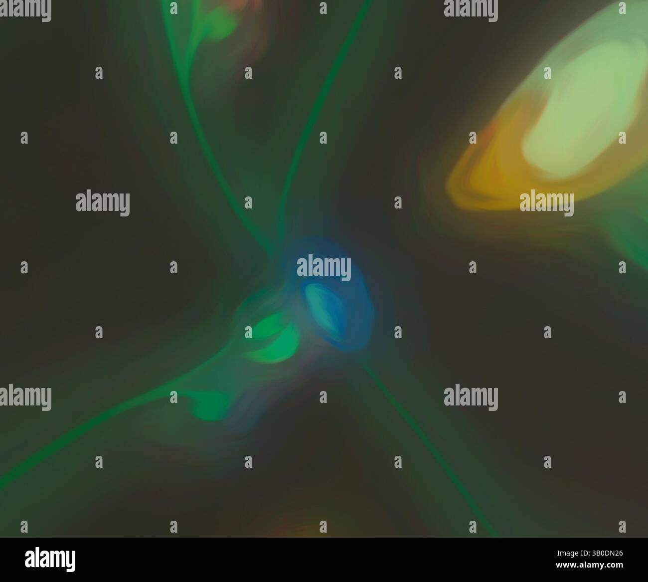 Ein Wirbel lebendiger Farben verflechtet sich und schafft eine abstrakte Darstellung fließender Formen und sanfter Kanten, die ein Gefühl von Bewegung und Energie hervorrufen. Ein kreisförmiges Design mit zarten, sanft gerenderten Blumen in verschiedenen Farben, verwoben mit dezenten grünen Stielen vor dunklem Hintergrund, schafft eine ätherische und traumhafte Atmosphäre. Klassische Kunst mit einem modernen Twist von Artotop, transformierte französische Stoffe, erste Hälfte des 19. Jahrhunderts, klassische Kunst mit einem modernen Twist von Artotop Stockfoto
