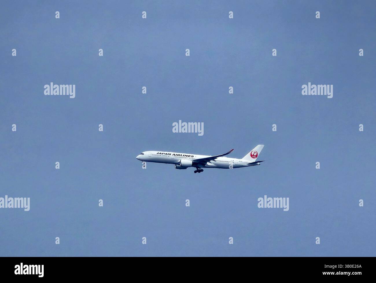 Ein Flugzeug der Japan Airlines landet auf dem Naha International Airport. - Smartphone-aufgenommenes Stockfoto