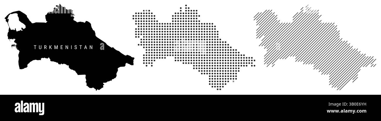 Turkmenistan detaillierte Silhouettenkarte, gepunktete Muster und schräge parallele Linien. Turkmenisch strukturierte Karte. Abbildung isoliert auf wh Stockfoto