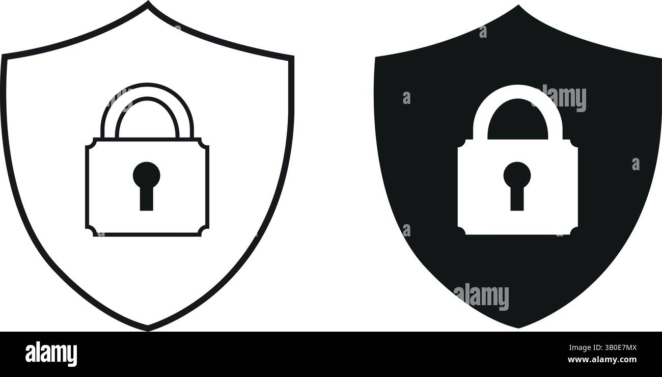 Vektorillustration von Schildsymbolen mit Vorhängeschloss-Symbolen, eines umrissen und eines gefüllt, die Sicherheit, Schutz, Sicherheit, Privatsphäre darstellen, Verteidigung Stock Vektor