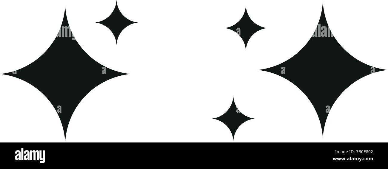 Einfache Vektorillustration von schwarzen Glitzer-Symbolen auf einem weißen Hintergrund, die Glanz, sauber, frisch, Helligkeit, Glühen, Qualität und dekorativ Stock Vektor