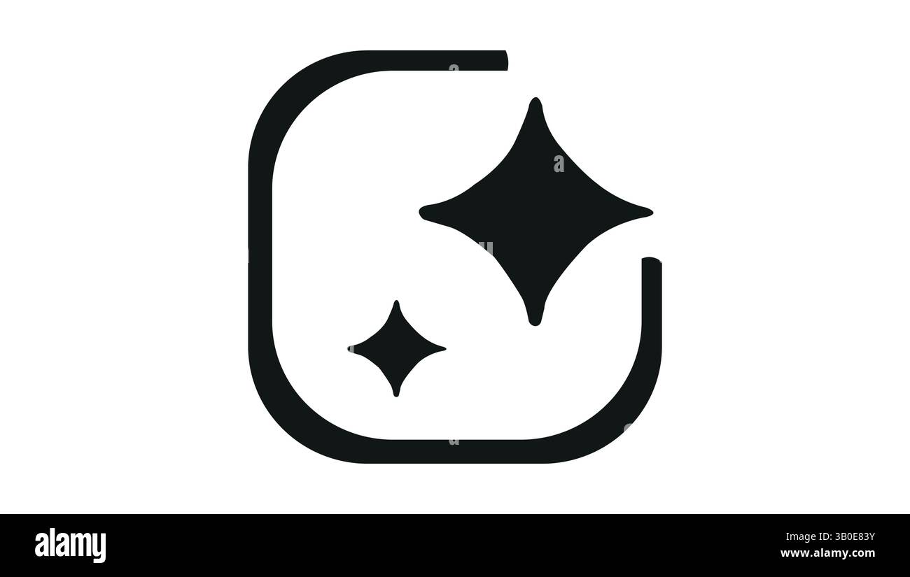 Einfaches schwarzes Vektorsymbol mit Glitzern in einem abgerundeten Quadrat, das sauber, frisch, neu, glänzend, Helligkeit, Qualität und Premium im Nu Stock Vektor