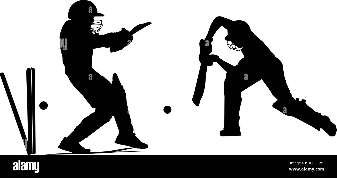 Silhouettenvektor-Illustration von zwei Cricketspielern, die mit Ball und Stümpfen schlagen und Schüsse spielen, die Sportaktion, Wettbewerb, Outdoor darstellen Stock Vektor