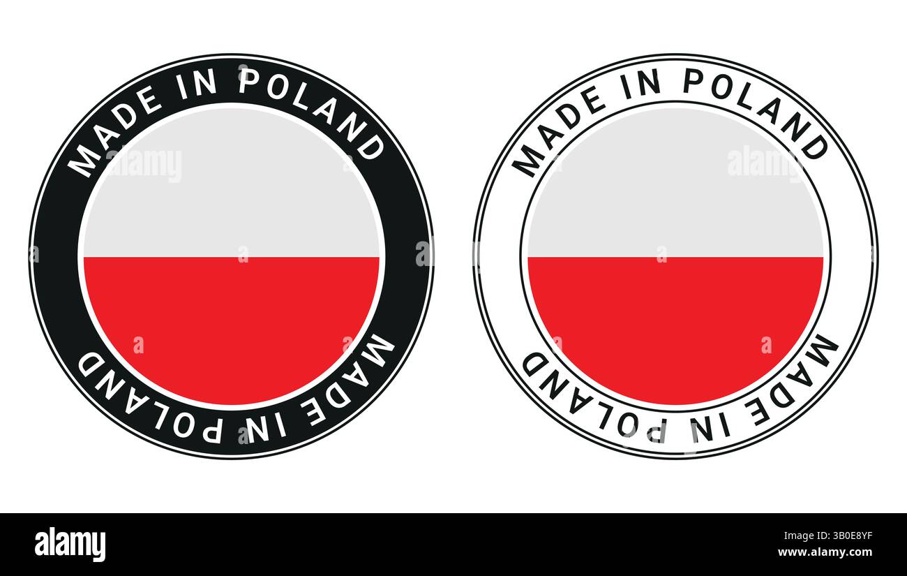 Zwei runde Abzeichen mit der polnischen Flagge und dem Schriftzug „Made in poland“, die die Herkunft des Produkts und die Zertifizierung zeigen Stock Vektor
