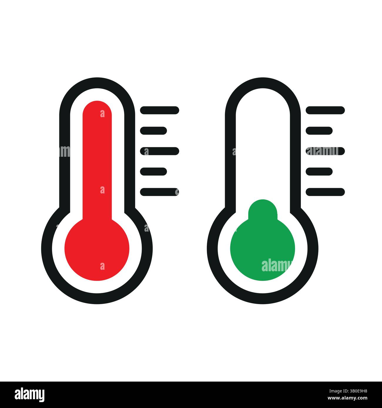 Temperaturthermometer-Symbol mit roten und grünen Pegeln, einfache flache Bauweise mit Anzeige von warm- und Kälteindikatoren für Wetter oder Klima in minimalem Vektor Stock Vektor