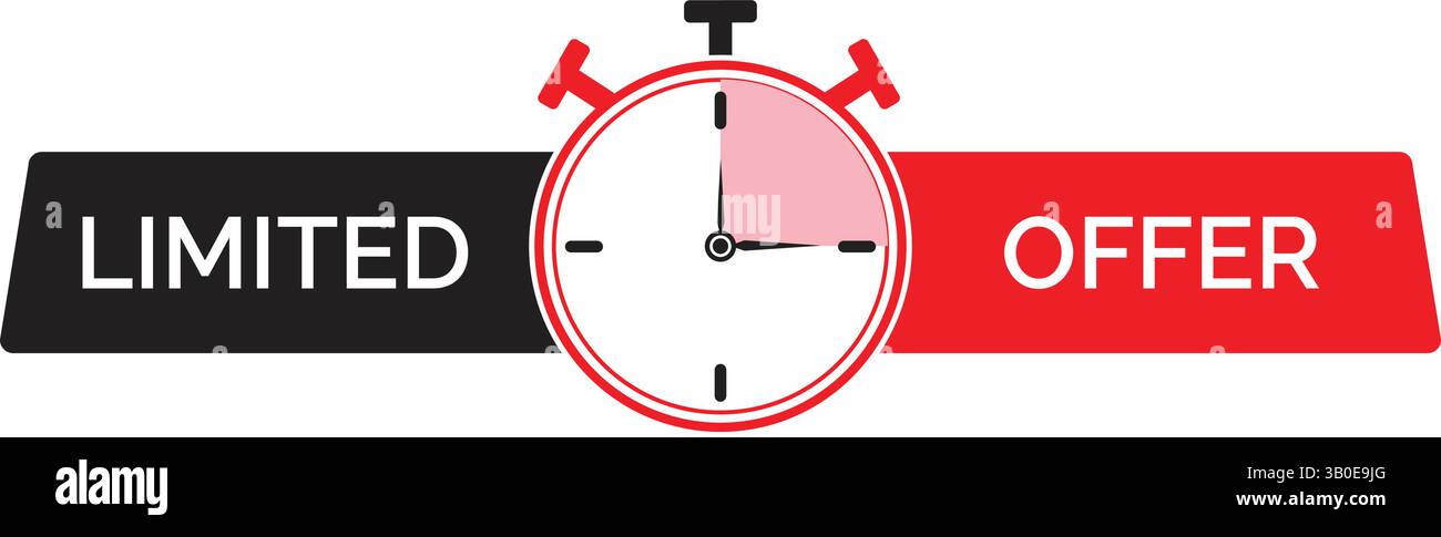 Zeitlich begrenztes Banner mit Stoppuhrensymbol, das die Dringlichkeit in flachem Stil zeigt, schwarzes und rotes Etikett für Werbeaktionen oder Flash-Sale-Designs Stock Vektor