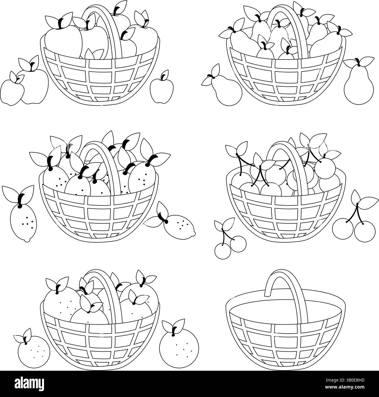 Obstkörbe. Landwirtschaftliche Erzeugnisse, Äpfel, Birnen, Zitronen, Kirschen und Orangen. Vektor-Schwarzweiß-Farbseite. Stock Vektor