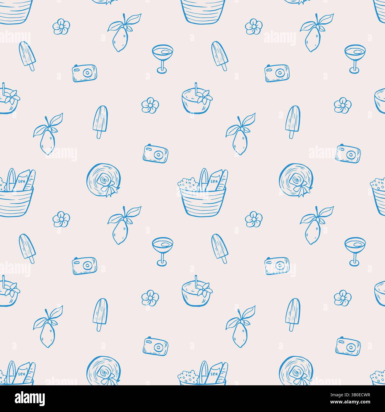 Sea LIFE Doodle Hand gezeichnetes nahtloses Muster. Mediterranes Leben in blauer Farbe Stock Vektor