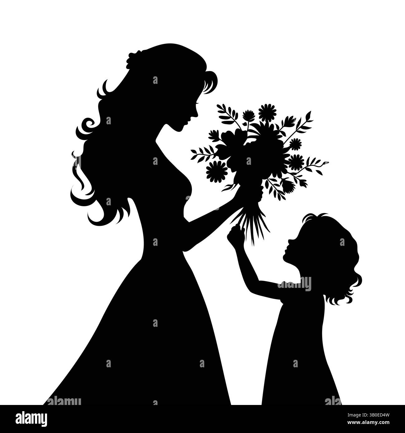 Mutter erhält Blumen von Kind Silhouette – herzerwärmender Muttertag-Moment, Familienliebe Vektor Stock Vektor Mutter erhält Blumen von Kind Silhouette – herzerwärmender Muttertag-Moment, Familienliebe Vektor Stock Vektor