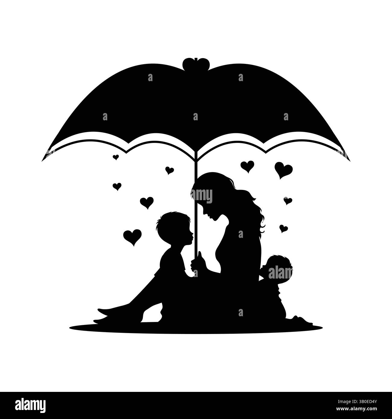Mutter und Kinder unter Regenschirm Silhouette – Regentag Liebe, Familienpflege, Vektorkunst Stock Vektor